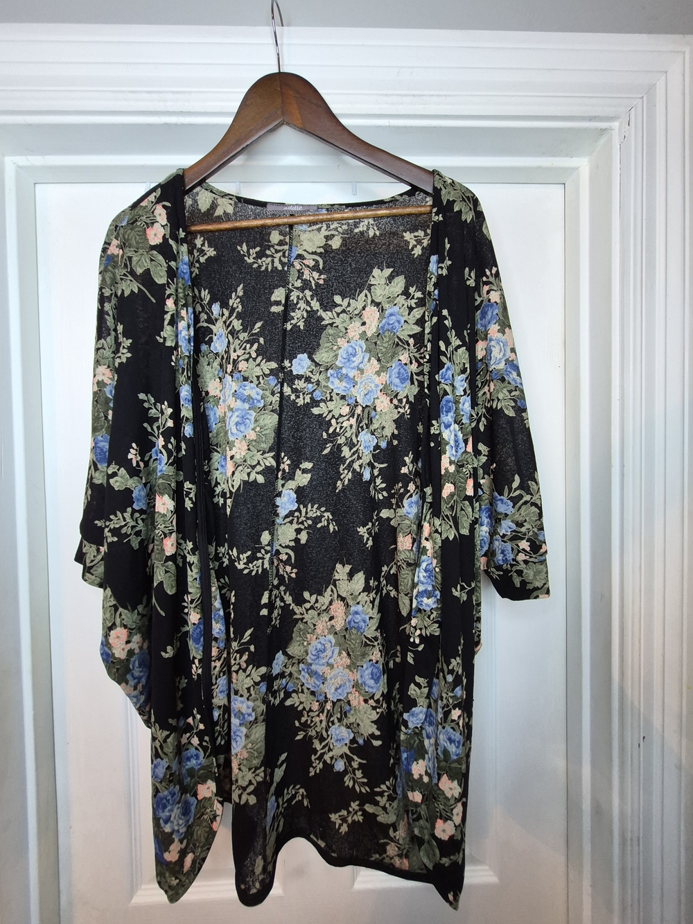 Black Floral Open Front Kimono Cardigan with Blue Rose Print